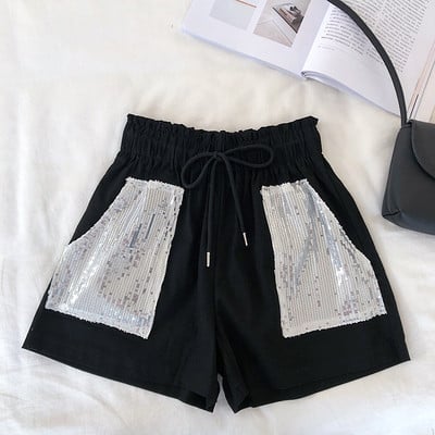 Pantaloni scurti moderni de dama cu talie elastica si element de paiete in mai multe culori
