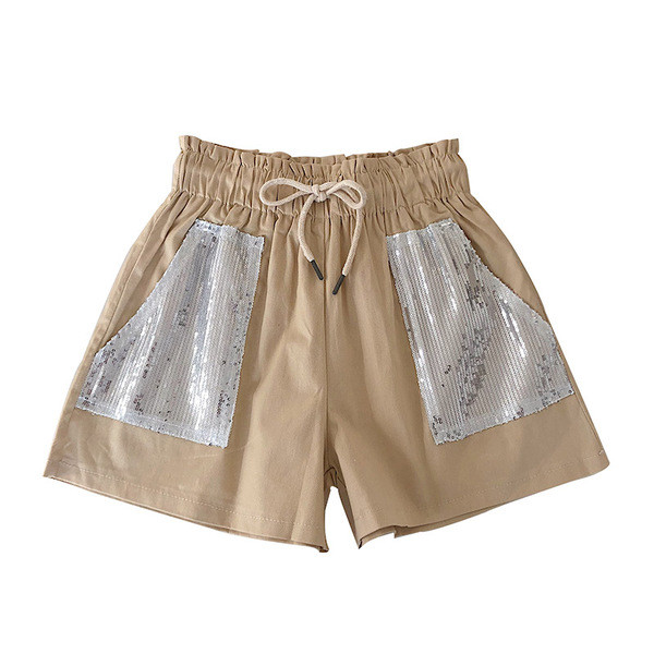 Pantaloni scurti moderni de dama cu talie elastica si element de paiete in mai multe culori