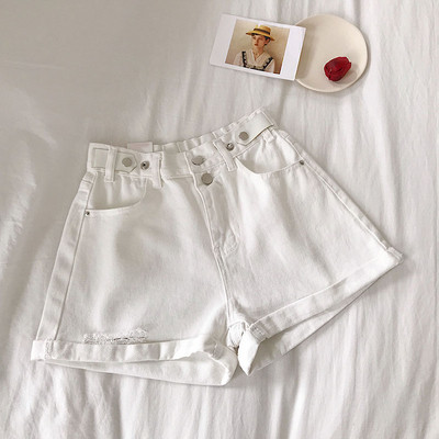 Pantaloni scurti moderni de dama cu talie inalta in albastru si alb