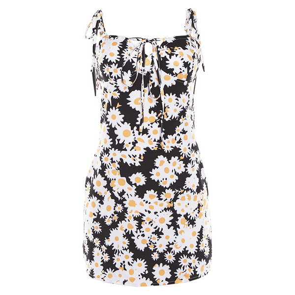 Rochie casual de dama cu bretele subtiri si motive florale in negru