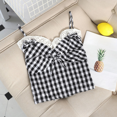 Top de damă în carouri cu dantelă în două culori