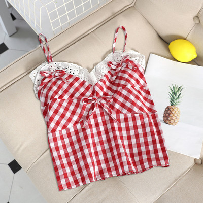 Top de damă în carouri cu dantelă în două culori