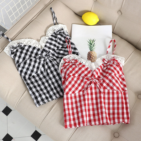 Top de damă în carouri cu dantelă în două culori