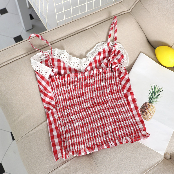 Top de damă în carouri cu dantelă în două culori