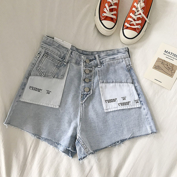 Blugi scurti de dama cu talie inalta de culoare albastra