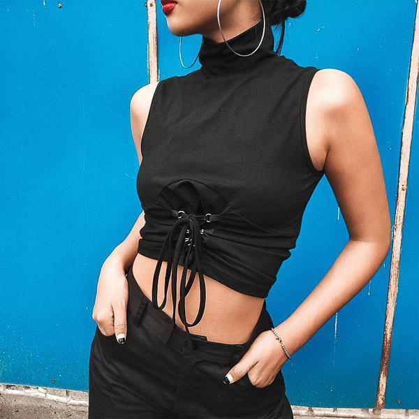 Maieu modern de damă cu guler înalt și cravate în negru