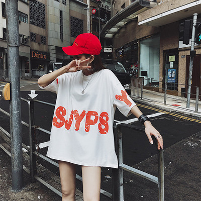 Női póló széles modell fekete, fehér és kék felirattal