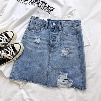 Női farmerszoknya magas derékkal, szakadt motívumokkal