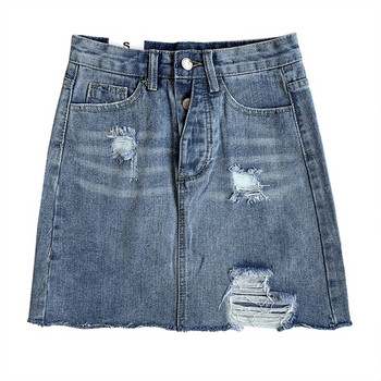 Női farmerszoknya magas derékkal, szakadt motívumokkal