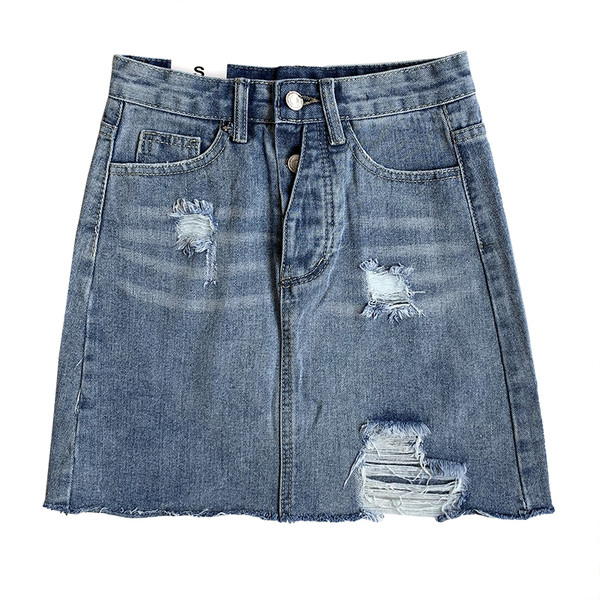 Női farmerszoknya magas derékkal, szakadt motívumokkal