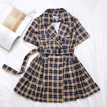 Rochie de dama in carouri croiala cu nasturi si curea