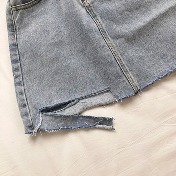 Naprakész női farmerszoknya, magas derékkal, szakadt motívumokkal