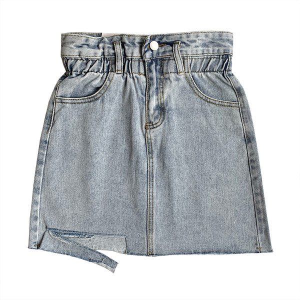 Naprakész női farmerszoknya, magas derékkal, szakadt motívumokkal