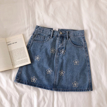 Fusta de dama denim model nou cu broderie in albastru