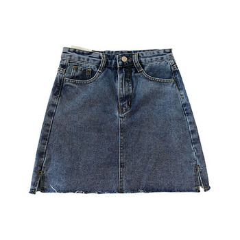 Női farmerszoknya magas derékkal, sötét színben