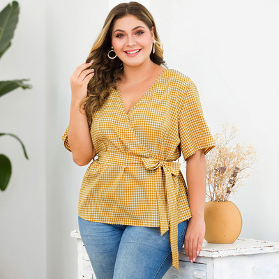 Új modell női kockás blúz V-nyakkal