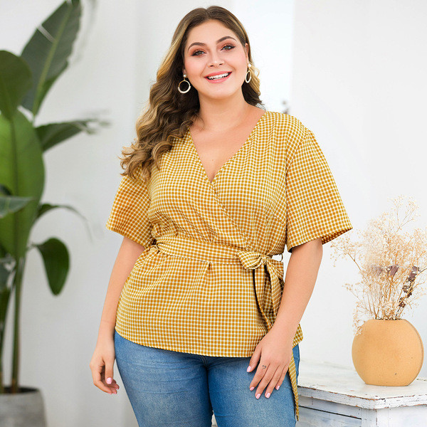 Új modell női kockás blúz V-nyakkal