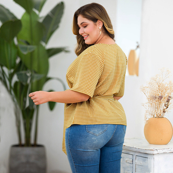 Új modell női kockás blúz V-nyakkal