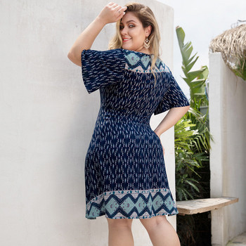 Stílusos női ruha 3/4-es ujjal és V-nyakú kék színben