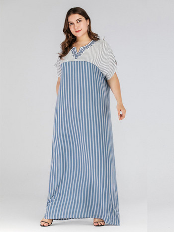 Csíkos női ruha V-nyakú kék színben