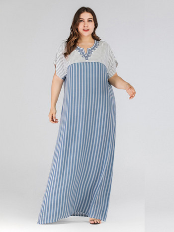 Csíkos női ruha V-nyakú kék színben