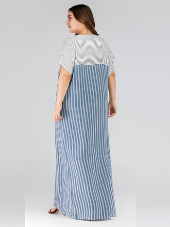 Csíkos női ruha V-nyakú kék színben