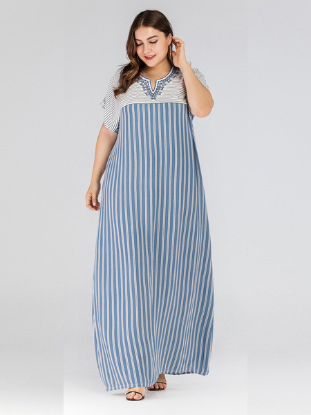 Csíkos női ruha V-nyakú kék színben