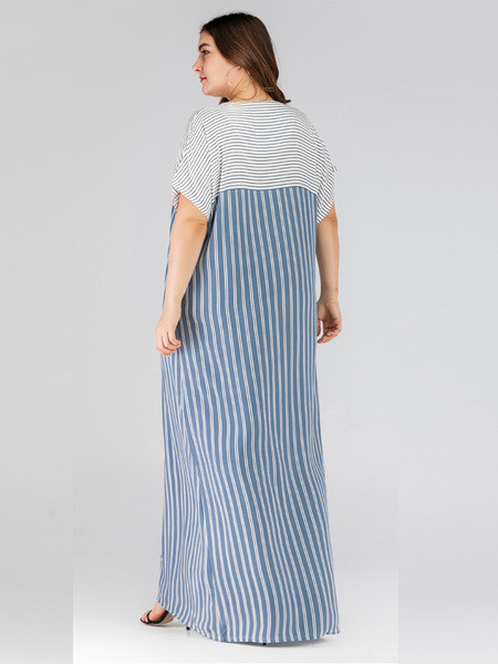 Csíkos női ruha V-nyakú kék színben