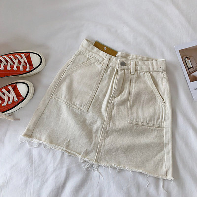 Fusta casual de dama cu talie inalta si buzunare in alb si albastru