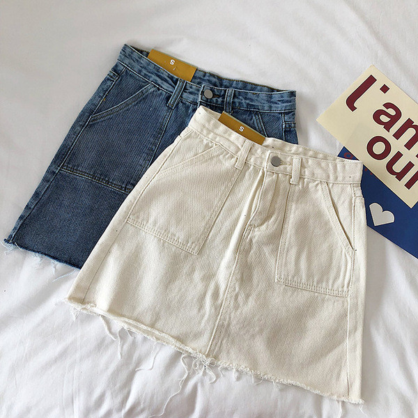 Fusta casual de dama cu talie inalta si buzunare in alb si albastru