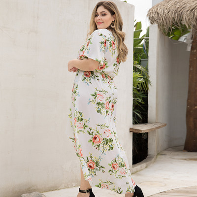 Rochie de dama asimetrica cu motive florale in alb