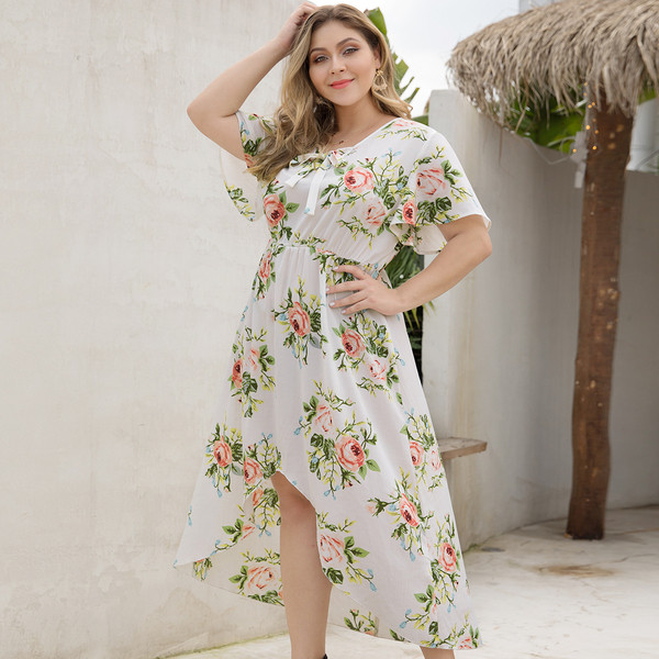 Rochie de dama asimetrica cu motive florale in alb