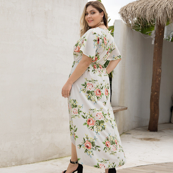 Rochie de dama asimetrica cu motive florale in alb