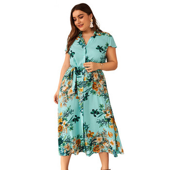 Rochie de dama colorata cu centura si nasturi in albastru si roz