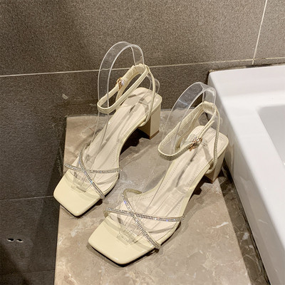 Sandale de dama elegante cu toc gros si pietre in doua culori