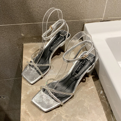 Sandale de dama elegante cu toc gros si pietre in doua culori