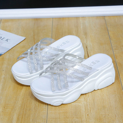 Papuci casual de dama cu pietre si talpa inalta in alb si galben