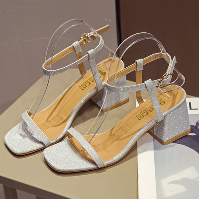 Sandale de dama elegante cu efect stralucitor si toc gros in trei culori