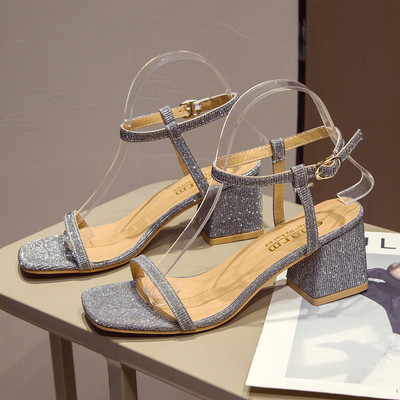 Sandale de dama elegante cu efect stralucitor si toc gros in trei culori