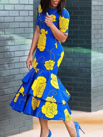 Rochie eleganta de dama cu motive florale in albastru