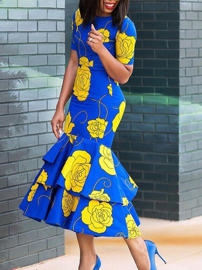 Rochie eleganta de dama cu motive florale in albastru