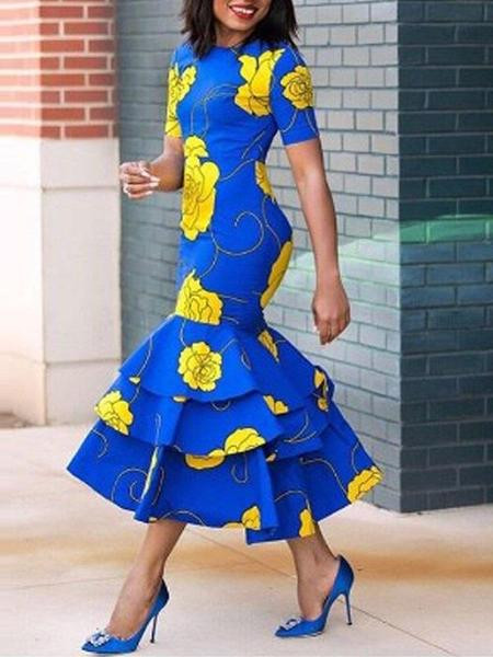 Rochie eleganta de dama cu motive florale in albastru