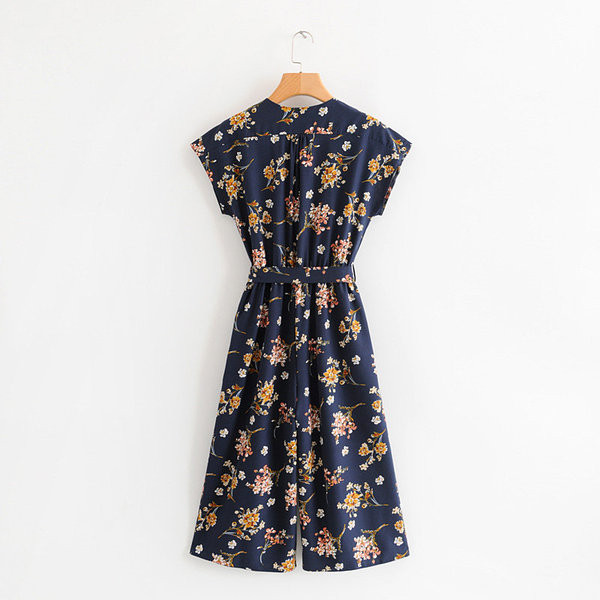 Salopetă lată modernă fără mâneci și decolteu în V cu model floral