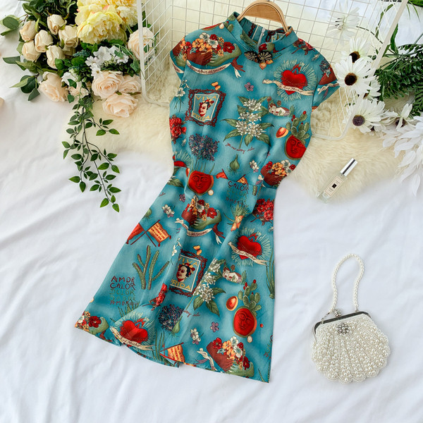 Rochie moderna de dama cu maneci scurte si imprimeu color