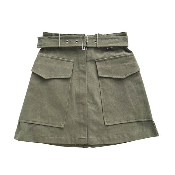 Fusta casual de dama cu buzunare in verde, alb si negru