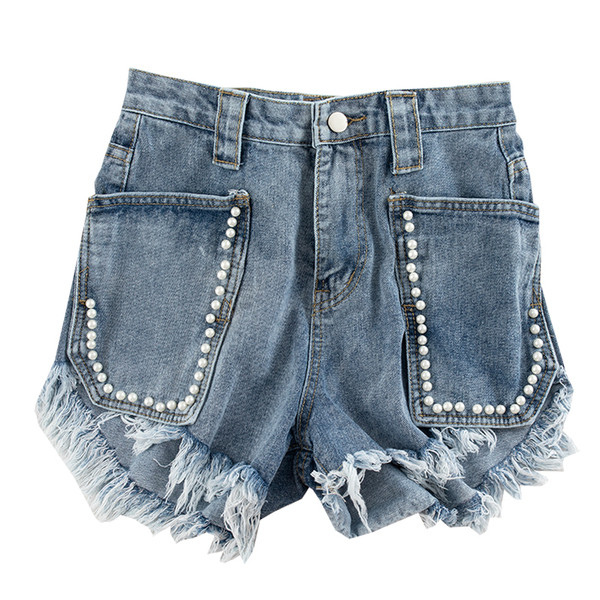 Pantaloni scurți de damă din denim cu perle în culori deschise și închise