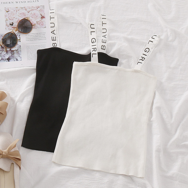 Maieu casual de damă, cu bretele subțiri, în alb și negru