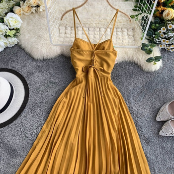 Rochie moderna de dama in galben cu bretele subtiri