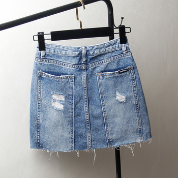 Fusta casual de dama din denim cu motive rupte in albastru