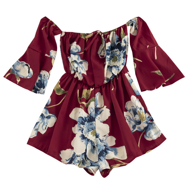 Salopetă de damă modernă cu mâneci căzute și motive florale în mai multe culori